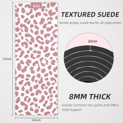 ILILI Yoga Mat Leopard Print Yoga Mat 8mm, Suede & TPE Thick Exercise Mat, Workout Mat for Women Men, 72''x25'' Fitness Mat with Strap for Home Gym, Yoga, Pilates, Stretching