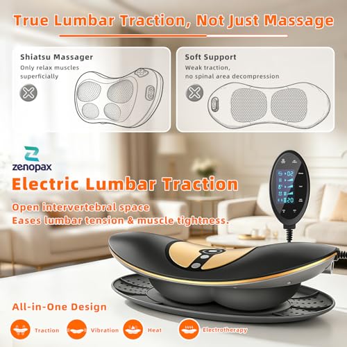 Zenopax 4-in-1 Electric Lumbar Traction Device - Adjustable Lower Back Massager for Pain Relief Deep Tissue with Heat, Vibration, Electrotherapy, Home Lumbar Decompression ＆ Sciatica Relief(Golden)