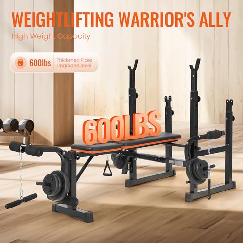 Weight Bench with Squat Rack, Adjustable Workout Bench with Preacher Curl Pad, Leg Extension & Curl, Safety Bar Catches, 600 lbs Capacity All-in-One Strength Training Bench for Home Gym