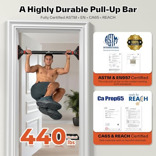 Pull Up Bar for Doorway: Sportneer Strength Training Pull-up Bars without Screw - Adjustable Width Locking Mechanism Chin Up Bar, Thickened Steel Max Limit 440 lbs Upper Body Fitness Pullup Bars for Home (Black-Red)