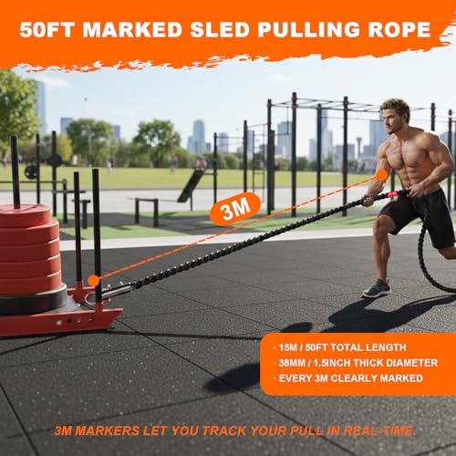 50FT Weighted Sled Pull Rope with 3m Distance Markers - Heavy-Duty Braided Polyester Training Rope for Functional Strength & Conditioning Workouts