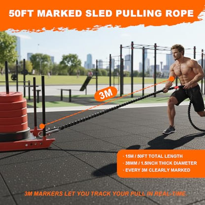 50FT Weighted Sled Pull Rope with 3m Distance Markers - Heavy-Duty Braided Polyester Training Rope for Functional Strength & Conditioning Workouts