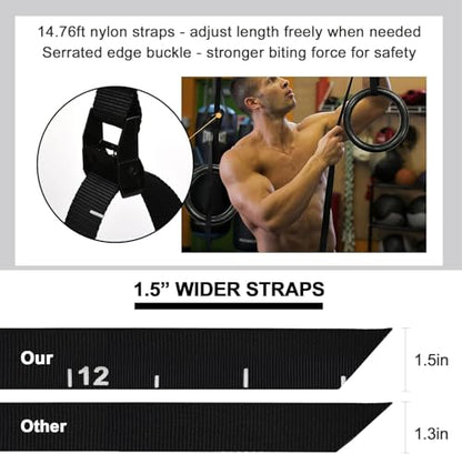 Gymnastic Rings 1100lbs Capacity with 14.76ft Adjustable Buckle Straps Pull Up Exercise Rings Non-Slip Rings for Home Gym Full Body Workout