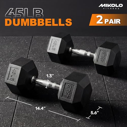 Mikolo Dumbbell Sets with Rack, Rubber Hex Dumbbells, Multiple Choices in 160/200/380/450/550LB, Hand Weights with Chrome Handle for Strength Training - style: 45LB PAIR