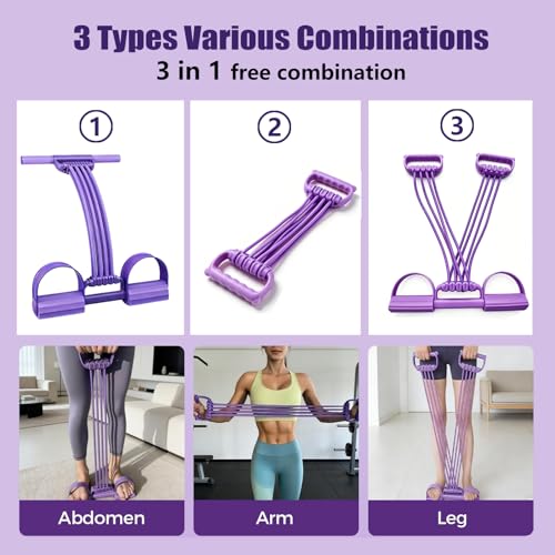 Pedal Resistance Band with Handle,New Upgrate 8 Tube Detachable Exercise Band 3‑in‑1 Multi-Function for Foot Pedal Pull, Back Stretch & Chest Expand, Portable Latex Fitness - color: 3 in 1-purple