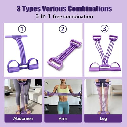 Pedal Resistance Band with Handle,New Upgrate 8 Tube Detachable Exercise Band 3‑in‑1 Multi-Function for Foot Pedal Pull, Back Stretch & Chest Expand, Portable Latex Fitness - color: 3 in 1-purple