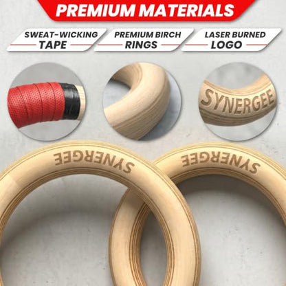 Synergee Wooden Gymnastic Rings with Numbered Straps & Carabiners – 1.25" Olympic Gym Rings for Pull Ups, Dips, Muscle Ups, Calisthenics & Home Gym Training