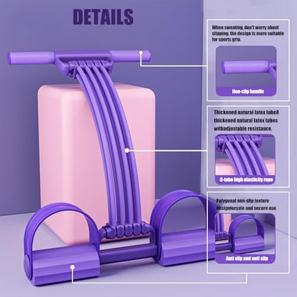 Pedal Resistance Band with Handle,New Upgrate 8 Tube Detachable Exercise Band 3‑in‑1 Multi-Function for Foot Pedal Pull, Back Stretch & Chest Expand, Portable Latex Fitness - color: 3 in 1-purple