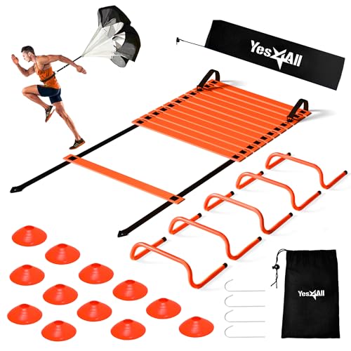 Yes4All Agility Ladder Speed Training Equipment, Adjustable Football Ladder for All Ages with Carry Bag, Durable, Portable, Multiple Colors & Rungs - color: I.Combo Orange Ladder, 5 Hurdles, 12 Soccer Cones & Running Parachute