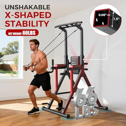 Power Tower Pull Up Bar Free Standing - 13-Level Adjustable Height Dip Station with X-Frame Stability, Multi-Grip Handles, Backrest, Anti-Slip Foot Pads - Home Gym Strength Training Equipment - color: Black Red