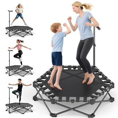 Mini Fitness Trampoline with Adjustable Handle Bar, Black, Indoor Exercise Rebounder for Kids, Foldable Frame
