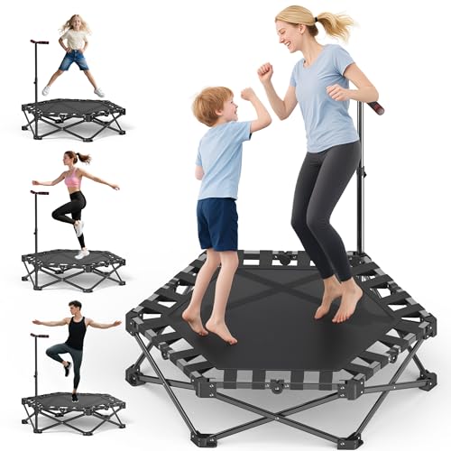 Mini Fitness Trampoline with Adjustable Handle Bar, Black, Indoor Exercise Rebounder for Kids, Foldable Frame