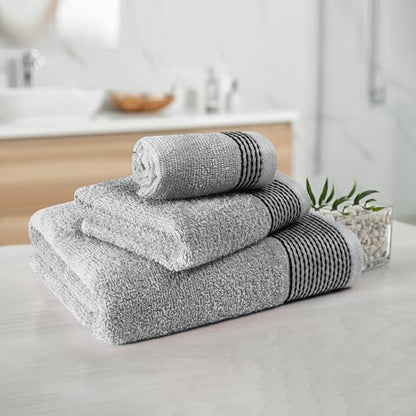 Ultra Soft 3 Pack Cotton Towel Set, Contains a Bath Towel 28x55 inch, a Hand Towel 16x24 inch & a Wash Coth 12x12 inch, Ideal Everyday use, Compact & Lightweight -Light Grey