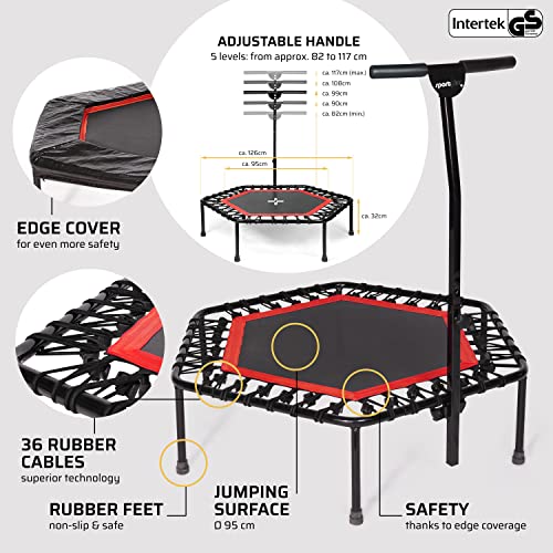 SportPlus+ Indoor Trampoline, Blue/Green/Red, Rebounder Home Fitness Trampoline with Height Adjustable Bar