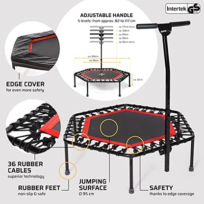 SportPlus+ Indoor Trampoline, Blue/Green/Red, Rebounder Home Fitness Trampoline with Height Adjustable Bar