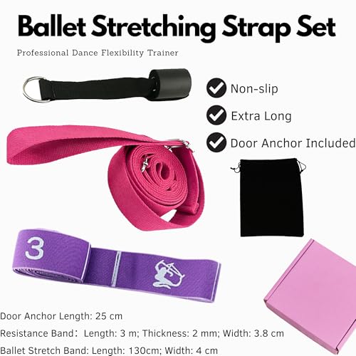 Danzcue Ballet Stretch Strap Set – Professional Dance Flexibility Trainer with Door Anchor, Extra Long Non-Slip Stretching Bands for Ballet, Jazz, Contemporary & Gymnastics