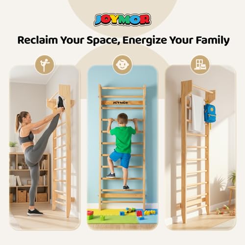 JOYMOR Gymnastics Swedish Ladder, Multiuse Exercise Ladder, Wall Mounted Pull Up Bar, Physical Therapy for Stretching and Various Exercises, Indoor Gym Workout Yoga (Wood Stall Bar)