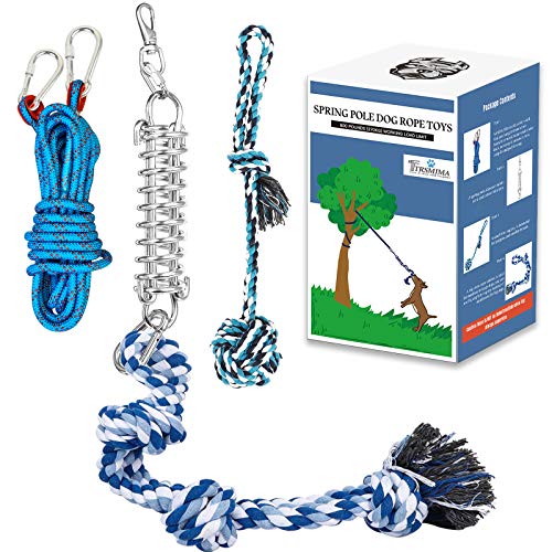 TT TRSMIMA Spring Pole Rope Toys: Rope Pull & Tug of War with a Big Spring Pole Kit & 2 Strong 16ft Toys - Muscle Builder Interactive Toy for Pitbull Medium to Large Dog - color: Blue