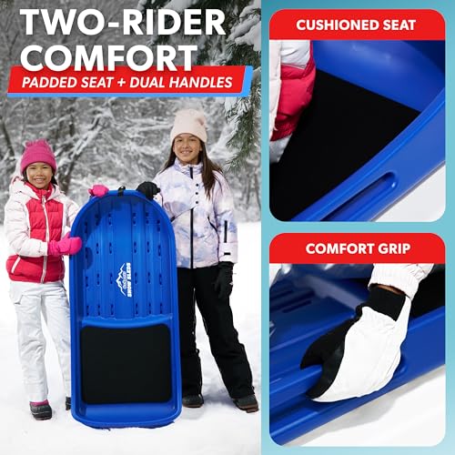 GoSports 2 Person Premium Snow Sled - Choose Red or Blue - Double Walled Construction, Pull Strap and Padded Seat