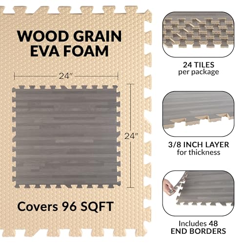 Foam Floor Tiles - 96sqft Wood Grain Interlocking Foam Tiles with Border - Foam Play Mat Playroom or Gym Flooring for Home Gym by Stalwart (Gray)