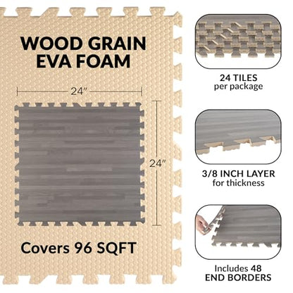 Foam Floor Tiles - 96sqft Wood Grain Interlocking Foam Tiles with Border - Foam Play Mat Playroom or Gym Flooring for Home Gym by Stalwart (Gray)