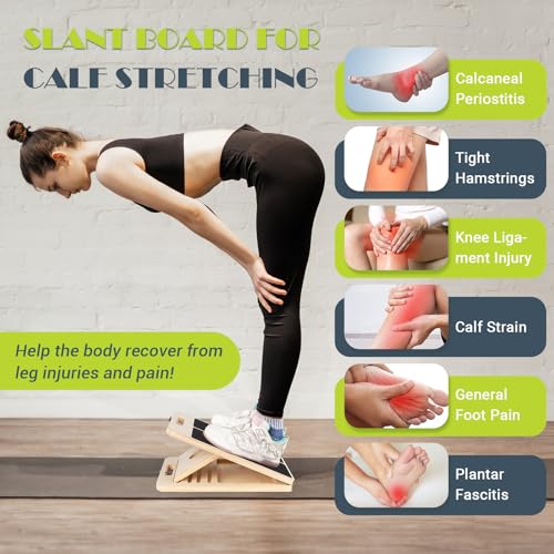 Slant Board for Calf Stretching, Adjustable Portable Wooden Incline Board for Calf Stretcher with Training Poster, 300 Lbs Weight Capacity Calf Stretch Wedge for Leg, Knees, Heel, Ankle & Stretching