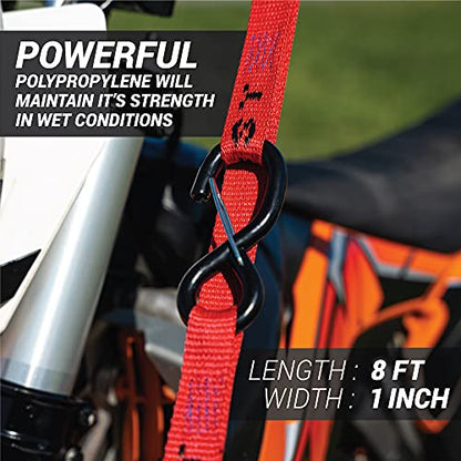 Heavy Duty Motorcycle Tie Down Straps - 1" x 8' Cam Buckle Straps with Soft Loops & Safety Hooks - Secures Motorbikes, Dirtbikes, ATV, UTV - 2 Pack Red - color: Red