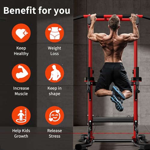 SogesHome Pull Up Bar and Dip Station, Heavy Duty 330LB Capacity Adjustable Home Gym Equipment for Strength Training, Multifunctional Push Up Bars for Arms, Back, Chest, Shoulders & Core Workout, Red