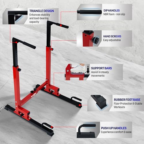 Yes4All Dip Stand 500 LBS Capacity, 80 Levels Adjustable Dip Bars, Dip Station Machine for Home Gym - color: Red & Black