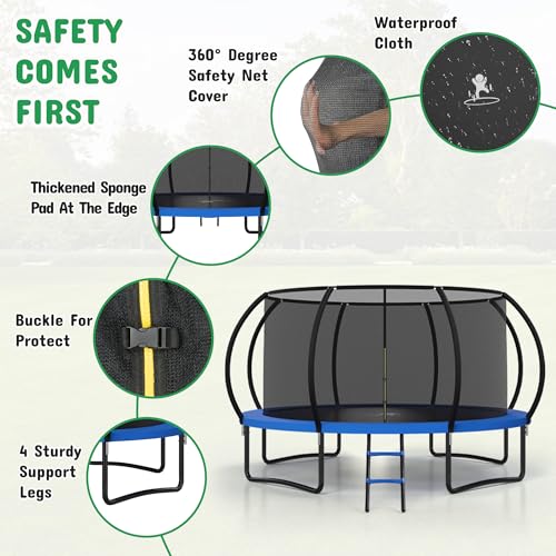8FT 10FT 12FT 14FT 16FT Outdoor Trampoline with Safety Enclosure Net - color: Blue, size: 14 FT