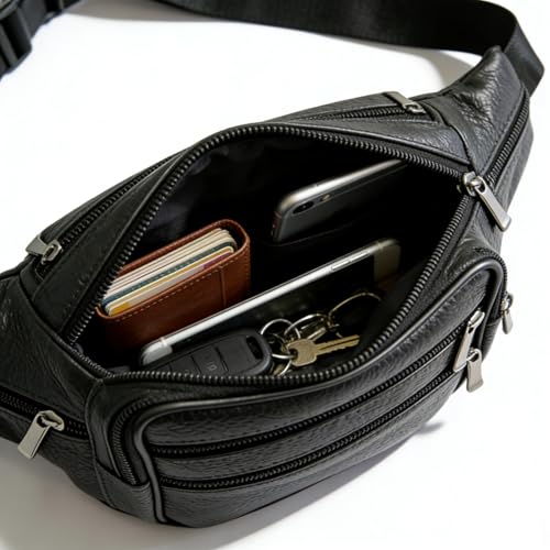 Leather Fanny Pack Travel Waist Bag 7 Pockets Waist Pack.Suitable for Outdoor Mountaineering Travel Camping Cycling Running etc FANNING511 Fanny pack (Black)