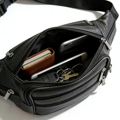 Leather Fanny Pack Travel Waist Bag 7 Pockets Waist Pack.Suitable for Outdoor Mountaineering Travel Camping Cycling Running etc FANNING511 Fanny pack (Black)