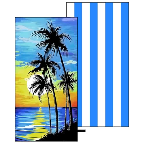 Oversized Microfiber Beach Towel Thin, Blue Sunset Seaside Double Sided Printed Towel 1PC, Large Soft Absorbent Compact Beach Towels for Men Women Adult, Summer Beach Pool Swim Rafts Bath, 35"x71" - style: Blue Sunset Seaside