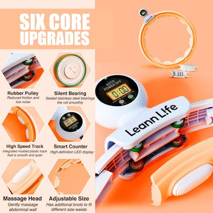 U5 Smart Weighted Hula Hoop with Counter, Waist Trimmer & Wash Bag –16 Knots, 28"–46" Adjustable Infinity Hoop Plus Size, Quiet Rubberized Wheels, Abdominal Toner - color: Orange + Waist Trimmer