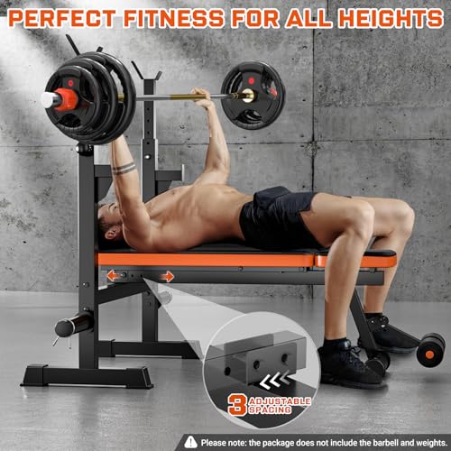 Fostoy 770lbs Weight Bench Set with Squat Rack, 5 in 1 Workout Bench Press With Removable Foot Catch, Adjustable Flat Incline Sit Up Bench for Home Gym Full Body Strength Training