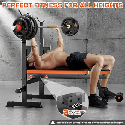 Fostoy 770lbs Weight Bench Set with Squat Rack, 5 in 1 Workout Bench Press With Removable Foot Catch, Adjustable Flat Incline Sit Up Bench for Home Gym Full Body Strength Training
