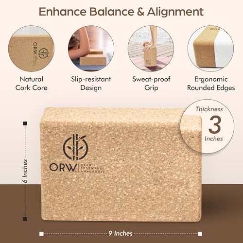 ORW Cork Yoga Block – FSC Natural Cork, 9”x6”x3”, 1.5 lb Dense Stability Block, Non-Slip Grip, REACH Tested
