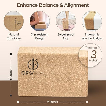 ORW Cork Yoga Block – FSC Natural Cork, 9”x6”x3”, 1.5 lb Dense Stability Block, Non-Slip Grip, REACH Tested