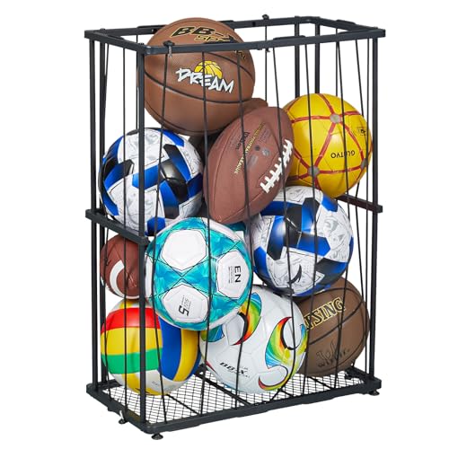 Garage Ball Storage Wall-Mounted & Floor Sports Equipment Organizer: Sports Ball Rack with Elastic Rope, Holder for Basketball, Soccer, Volleyball, Football, Garage, Gym, Black(Patent Pending) - size: Small, style: With Adjuster Foot,Rectangle