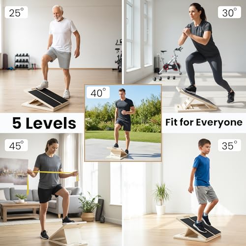Portable Wooden Slant Board for Calf Stretching, 300Lbs Slant Board for Calf Stretching with Loop Band & 2 Sand Papers, Adjustable Wooden Incline Board, Squats Calf Stretcher for Knees Heel Feet Leg