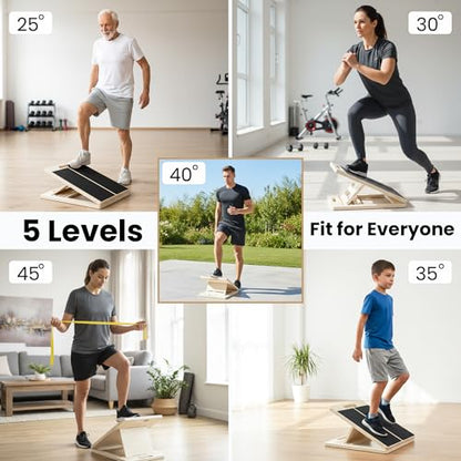 Portable Wooden Slant Board for Calf Stretching, 300Lbs Slant Board for Calf Stretching with Loop Band & 2 Sand Papers, Adjustable Wooden Incline Board, Squats Calf Stretcher for Knees Heel Feet Leg