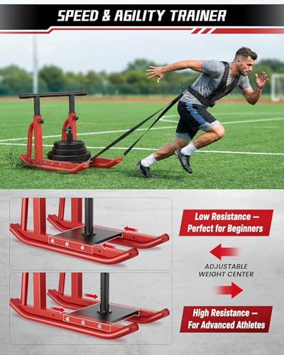 Football Sleds and Chutes, Weight Sled, Workout Fitness Sled for Training- Running Speed, Agility, Soccer, Strength, Adjustable Height Handle, Fits 1" & 2" Weight Plates