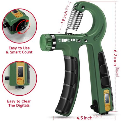 FitBeast Hand Grip Strengthener Workout Kit (5 Pack), 2 Forearm Grip Adjustable Resistance Hand Gripper, Finger Stretcher, Grip Ring & Stress Relief Grip Ball for Athletes - color: Dark Green
