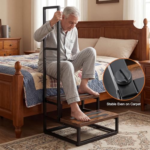 Upgraded Anti-Slip Step Stool with Handle, Heavy-Duty & Stable, Multi-Purpose for High Bed, Kitchen, Bathroom - color: Brown, size: Single Handle