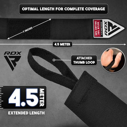 RDX Boxing Hand Wraps 4.5M / 180 Inches – Mexican Style Semi-Elastic MMA Inner Gloves - Wrist Support for Muay Thai, Kickboxing, BJJ, Karate - Thumb Loop & Hook and Loop Closure - Cotton & Nylon Blend