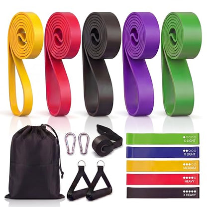 Exercise Bands Resistance Bands Set, 5 Pull Up Bands and 5 Loop Bands with Door Anchor, 2 Handles, Carry Bag and Training Guide for Women Men, Home Workout, Strength Training
