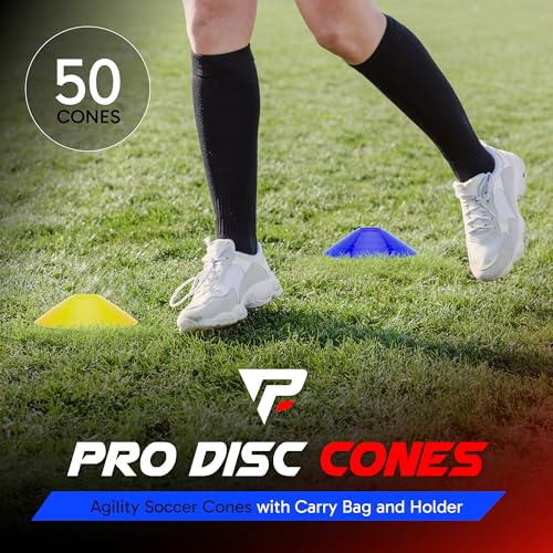 Pro Disc Cones (Set of 50) - Agility Soccer Cones with Carry Bag and Holder for Sports Training, Football, Basketball, Coaching, Practice Equipment, Kids - Includes 15 Best Cone Drills Book - color: Bright Orange