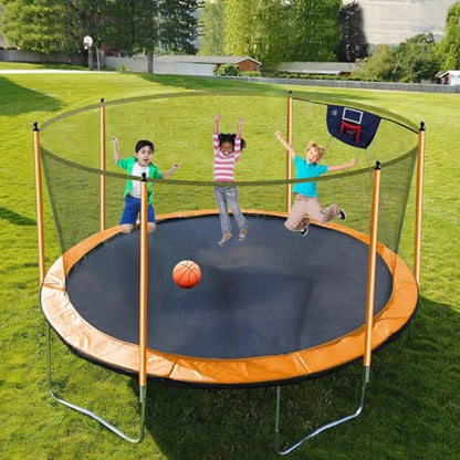 1500LBS 10FT 12FT 14FT 16FT Trampoline for Kids Adults with Basketball Hoop, Enclosure Net, Sprinkler, Lights, Disco Ball with Music Speaker, Heavy Duty Trampoline Outdoor Trampolines - color: Orange - 16FT