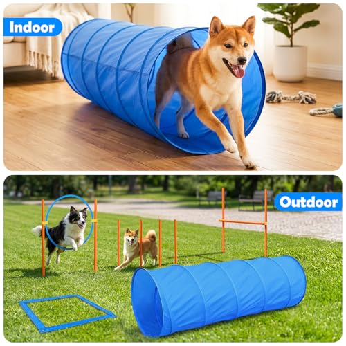 Dog Agility Course Backyard Set, Dog Obstacle Course Training Starter Kit Pet Outdoor Game with Tunnel, Agility Hurdle, Weave Poles, Jump Ring, Pause Box, Collapsible Dog Bowls and Storage Bag