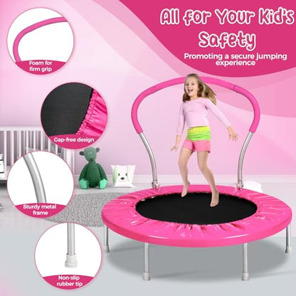 Mini Trampoline for Kids, Indoor Toddler Trampoline with Handle, Child Small Rebounder Trampoline for Indoor and Outdoor Use - style: Pink-36Inch